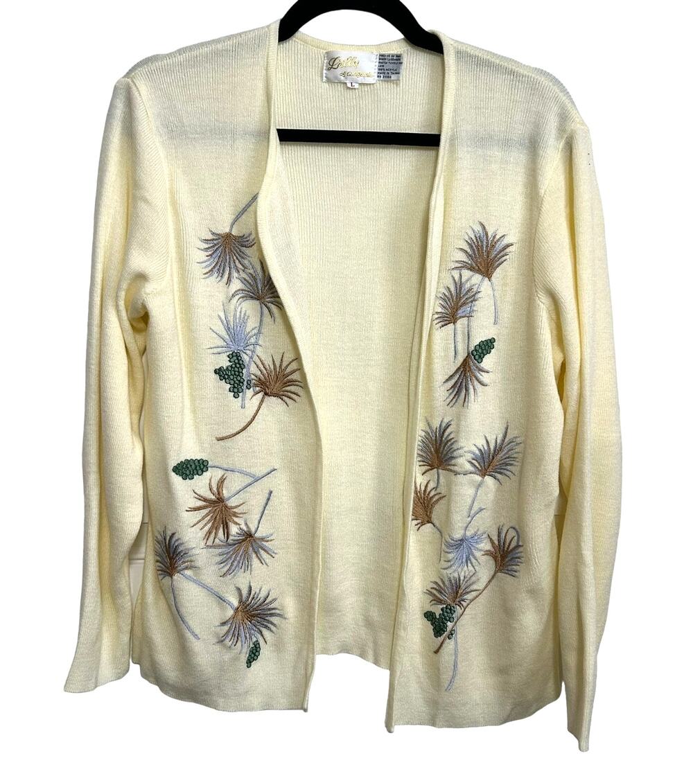 Lilly California Vintage Cream Embroidered Pine Branch Open Cardigan Size L